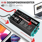 Power Inverters 12V DC to 110V AC Converter for Vehicles USB-C/PD 25W Fast Charging Ports Car Charger Adapter with a Cigarette Lighter Ports Plug Outlet (Modified sine wave-500W)