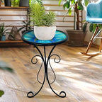 HONGLAND Outdoor Side Table, 12" Round Small Outdoor Glass End Table, Glass Plant Stand, Small Bistro Coffee Table for Garden Patio Porch Living Room （Peacock）