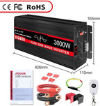 JIGUUN 3000 Watt Pure Sine Wave Inverter, Power Converter 12V DC to 110v/120v AC, Car Inverter with 4 AC Outlets& USB Port Remote Control for RV Camping Truck.