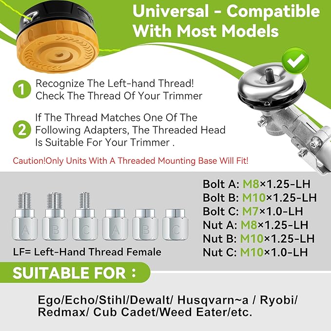 KAITAI Universal Weed Eater Head Replacement-Only Fit Left-Hand Thread,Easy Feed Trimmer Head Weed Wacker Head for Echo, Ego, Dewalt,Stihl,Ryobi, with 14ft 095" Trimmer Line,6 Adapts,Simple Tap & Go