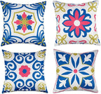 Pyonic Outdoor Pillows Waterproof Throw Pillow Covers Set of 4 Floral Printed and Boho Farmhouse Outdoor Pillow Covers for Patio Funiture Garden 18x18 Inch