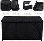 Outdoor 70 Gallon Wicker Storage Box with Waterproof Liner, Patio PE Rattan Storage Container for Outside, Deck Box with Hinged Lid for Cushions, Pillows, Towels, Horizontal Bin, Black