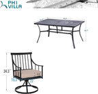 PHI VILLA 7 Pieces Outdoor Dining Set for 6, Black Rectangle Wrought Iron Table with Umbrella Hole & Swivel Metal Chairs with Cushions, Modern Furniture for Patio, Deck, Yard, Porch