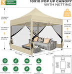 COBIZI 10x10 Heavy Duty Pop Up Canopy Tent with 4 Sidewalls, Commercial Gazebo Party Tent with Mosquito Netting Wall Easy Set Up Outdoor Instant Screen Canopy for Backyard, Patio, Garden, Khaki