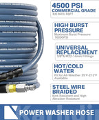 Pressure Washer Hose 50FT 3/8" for Cold and Hot Water 212°F, with Swivel Quick Connect, 4500PSI Kink Resistant Grade Steel Wire Braided, Power Washer Hose With 2pcs M22-14mm Adapter