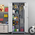 GREATMEET 72.8" Broom Storage Cabinet, Utility Cabinets for Brooms and Mops, Metal Storage Cabinets for Cleaning Supplies, Utility Closet for Garage, Grey&White