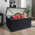 215-Gallon Outdoor Metal Storage Box, Weatherproof Deck Box with Wooden Texture, Multi-Purpose Garden Storage for Tools, Pool Accessories & Sports Gear, Patio Organizer with Tabletop Function
