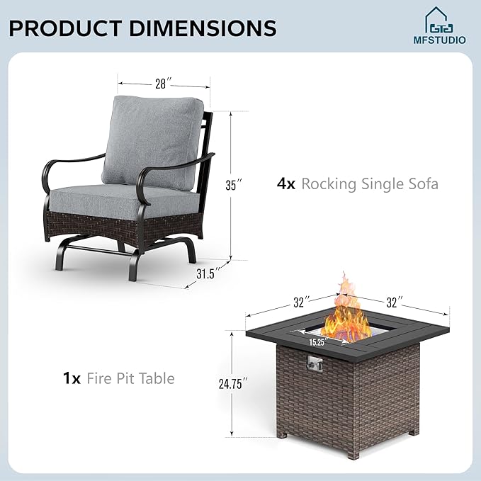 MFSTUDIO 5 Pieces Outdoor Patio Furniture Set, Metal Outdoor Conversation Sofa, Rattan Wicker Patio Sectional Sofa Set with 4 x Rocking Single Sofa, 1 x Fire Pit Table, Grey