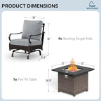 MFSTUDIO 5 Pieces Outdoor Patio Furniture Set, Metal Outdoor Conversation Sofa, Rattan Wicker Patio Sectional Sofa Set with 4 x Rocking Single Sofa, 1 x Fire Pit Table, Grey