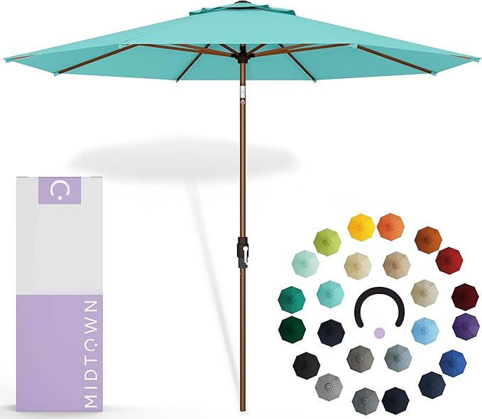 Midtown Umbrellas Sunbrella Outdoor Patio Umbrella, 9 Feet, Sunbrella Aruba Acrylic Fabric, Auto-Tilt Aluminum Frame, Wooden Pole