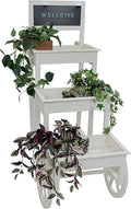 Sunnydaze 3-Tiered Flower Cart Display Stand with Wheels - Flower Display Stand or Planter - Wooden Cart with Chalkboard - White