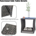 Outdoor Rattan Side Table, Modern Patio End Side Table with Glass Top and Storage Shelf, Wicker Side Table for Yard, Balcony, or Livingroom