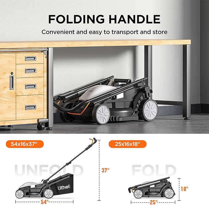 Litheli 13.2inch Electric Lawn Mower Cordless,Grass Cutter Machine for 1600 Sq.Ft.Lawnmower with Brushless Motor, 8 Gallon Capacity, Cutting Height from 1 to 2.5 in, Includes 1 4.0 Ah Battery