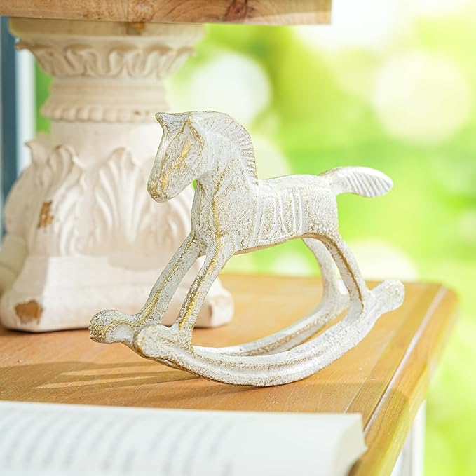 Sungmor Cast Iron Rocking Horse Statue, Home Office Desk Ornament, Vintage Collectible Figurine Decorative Paperweight, Rustic White Small Horse Nostalgia Christmas Decor