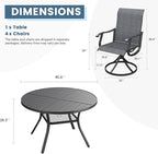 DIFY 5 Pieces Outdoor Patio Dining Set, 4 Dark Grey Textilene Swivel Dining Chairs and 40.6" Black Round Metal Dining Table, Outdoor Table and Chairs