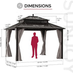 SUNJOY Kingston 12' x 10' Hardtop Gazebo with Galvanized Steel Double Roof, Curtain and Netting, Brown Aluminum Posts Permanent Pavilion Gazebo for Garden, Patio, Deck, Lawn