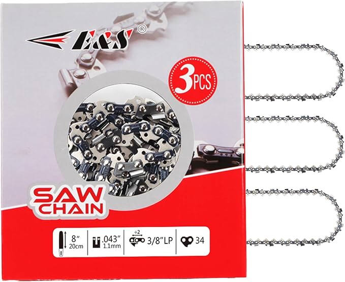 E & S 3 Pack 8 Inch Chainsaw Chain 3/8" LP Pitch .043" Gauge 34 Drive Links Semi-Chisel Chain Saw Chains for Husqvarna, Poulan, Craftsman, Greenworks and More Chainsaw Brands