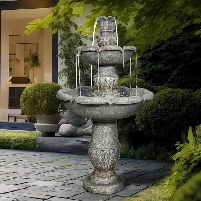 Garden Rustic Outdoor Floor 2-Tier Water Fountains 48.4" H Classical Flowerpot Shape Top Concrete Fountain and Waterfalls for Outdoor, Garden, Backyard, Porch, Deck, Patio