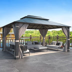 MELLCOM 12x16FT Hardtop Gazebo, Permanent Outdoor Aluminum Patio Gazebo with Aluminum Composite Double Roof for Patio Lawn and Garden, Curtains and Netting Included