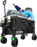 VIVOSUN Collapsible Folding Wagon, Outdoor Utility with Silent All-Terrain Wide Wheels, Adjustable Handle, Cup Holders & Side Pockets, for Camping, Beach, Shopping, Garden, Sports, Picnic, Black