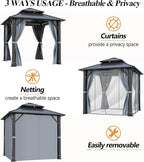 GARTOO 8.5x8.5FT Outdoor Hardtop Gazebo - Aluminum Heavy-Duty Steel Top Gazebo with Breathable Netting & Privacy Curtain, Double Roof Gazebos for Patio, Porch, Garden, Lawn, Deck, Backyard