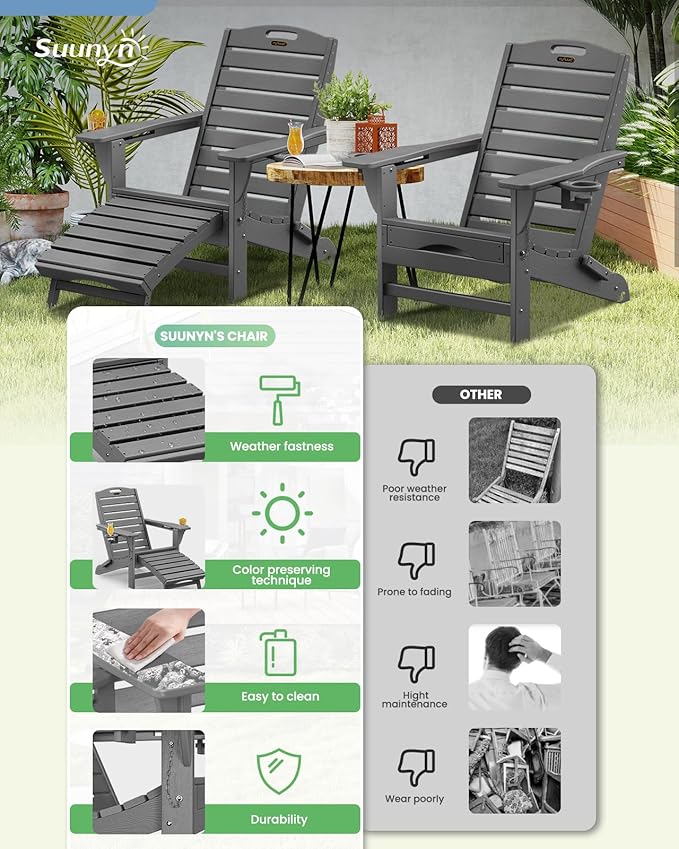 Folding Adirondack Chairs Set of 4,Adirondack Chair with Retractable Ottoman,Plastic Adirondack Chairs with 2 Cup Holder,Weather Resistant Patio Chair,Outdoor Chairs Set of 4(Grey)