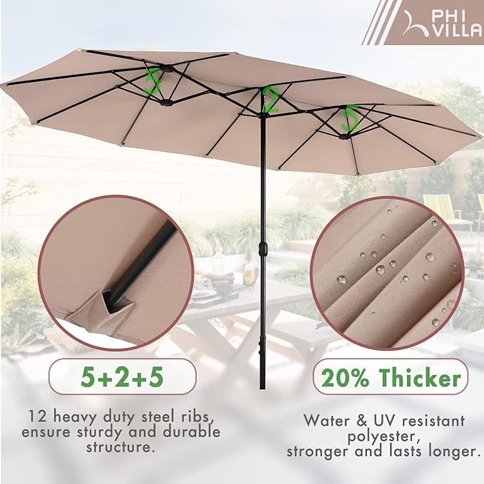 PHI VILLA 7 Pieces Outdoor Dining Set with Umbrella for 6, Rectangular Wood-Top Metal Table & Wicker Chairs with Cushions & 13ft Beige Umbrella, Modern Dining Furniture Set for Patio,Deck,Backyard
