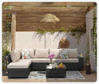 7 Pieces Patio Furniture Set All-Weather Outdoor Wicker Sectional Conversation Sofa Rattan Patio Seating Sofa with Cushion and Glass Table and Ottoman for Porch Poolside,Beige