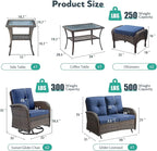7 Piece Patio Furniture Set - Wicker Patio Conversation Set with Swivel Glider, Glider Loveseat, Tempered Glass Side Table and 2 Ottomans for Deck Backyard - Brown Wicker Blue Cushion