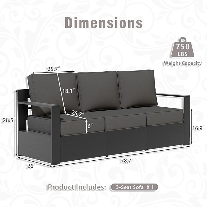3 PCS Aluminum Patio Conversation Set - Outdoor 3-Seater Sofa, 2 Fixed Chair with 6" Thick Water-insistant Cushions, All-Weather Use Frame, Removable Cover, Ideal for Garden, Poolside (Grey)