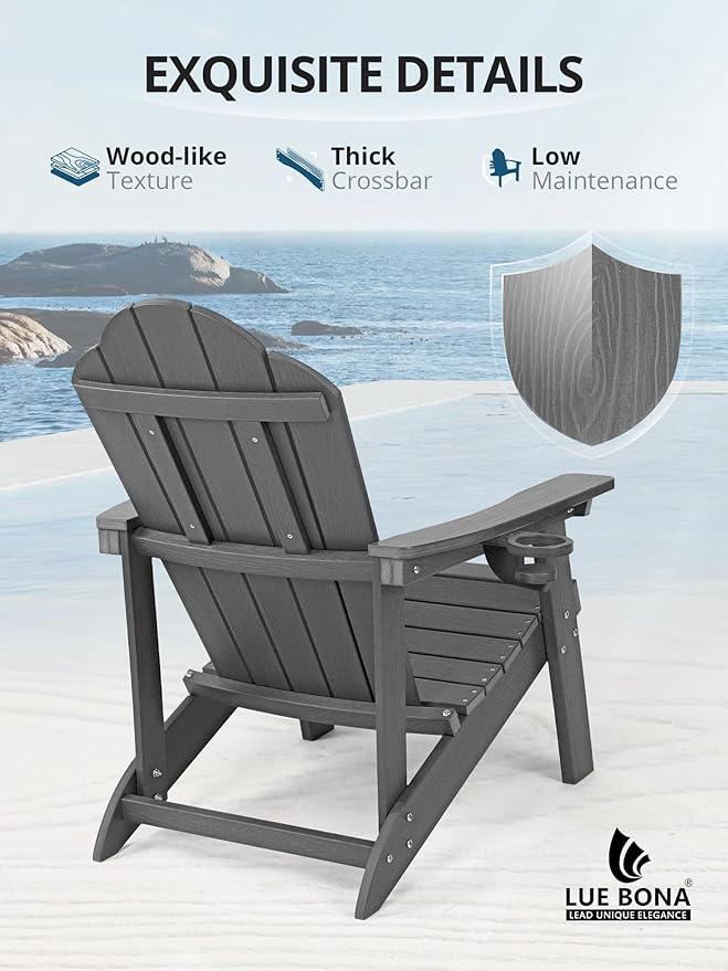 LUE BONA HDPE Adirondack Chairs Set of 4,Plastic Adirondack Chairs with Cup Holder Weather Resistant for Outdoor, Patio, Lawn, Garden, Backyard Deck, Fire Pit, Dark Gray