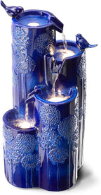 Glitzhome 32" H Outdoor Water Fountain with LED Lights and Pump, 4 Tier Ceramic Cobalt Blue Dandelion Texture Outdoor Fountains and Waterfalls with Cute Birds, for Porch Deck Garden Patio Backyard