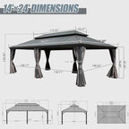 Domi 14' X 24' Hardtop Gazebo Large Outdoor Metal Gazebo Canopy with Galvanized Steel Double Roof, Aluminum Frame, Curtains and Netting for Patio, Deck, Garden, Grey