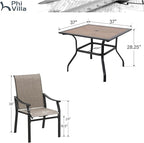 PHI VILLA 5 pcs Patio Dining Table and Chairs,Textilene Dining Chairs Sturdy and Durable and Square Metal Table with Wooden Table Top,Black Frame with E-Coating for Lawn,Garden