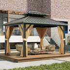 12'x10' Hardtop Gazebo, Heavy Duty Aluminum Permanent Hardtop Gazebo Outdoor Pavilion with Curtains and Netting for Garden