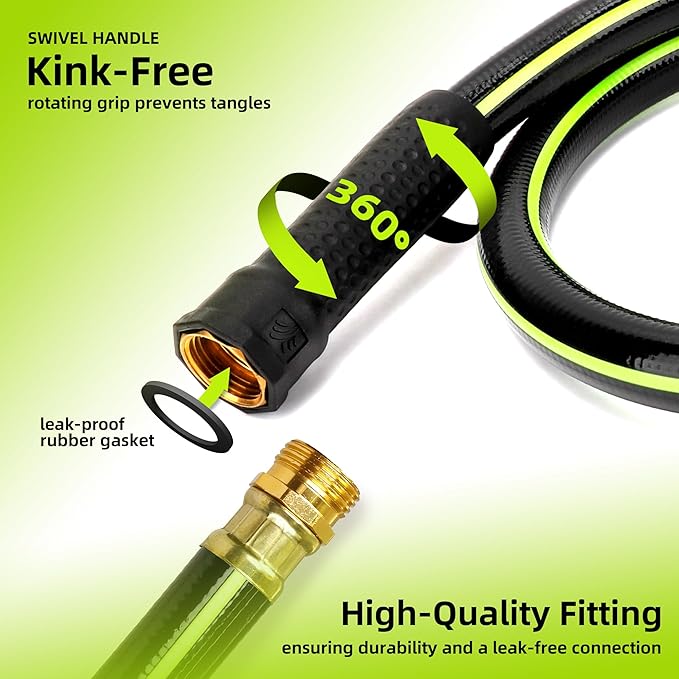 Worth Leader Short Garden Hose 5/8 in. x 12 ft. -No Kink, Flexible, Leakproof, Male to Female Fittings -Heavy Duty Durable PVC Lightweight Water Pipe with Brass Aluminum Ends for Household & Yard Use