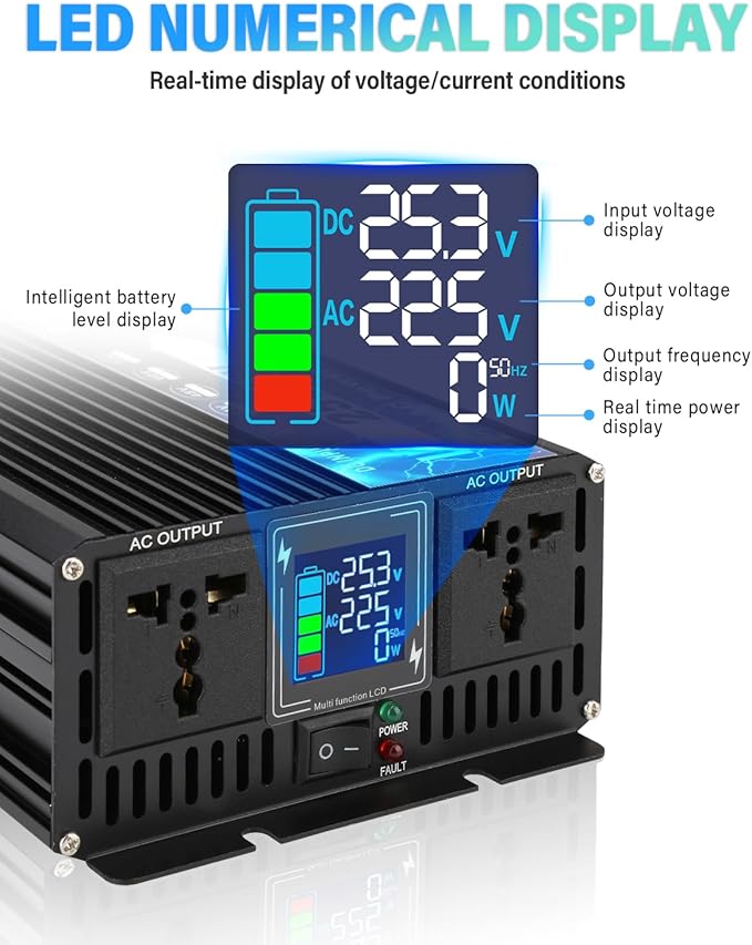NIHAO 2500W Power Inverters DC 12V to 110V AC Converter with LCD Display, 2 International Socket and Battery Clips for Home, RV, Outdoor, Camping, Boat