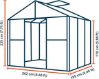 Greenhouse Rubin 3 Aluminum Frame 8.6 x 6.4 ft with Approx. 10 mm Polycarbonate Panels - with 2 Extra Skylights and 2 Automatic Window Openers