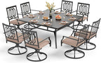 PHI VILLA 9 Piece Outdoor Dining Set for 8, Square Metal Table (60") with Umbrella Hole and Swivel Chairs with Cushions– Perfect for Patio, Garden, Deck, Porch, and Backyard
