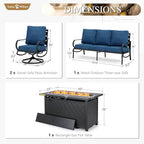 Sophia & William Patio Furniture Sets with 45" Gas Fire Pit Table Outdoor Metal Conversation Sets for 5, 2 x Swivel Cushioned Patio Sofa Chairs, 1 x 3-Seat Sofa 4 Pieces for Lawn Backyard Peacock Blue