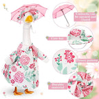 Soulchen Porch Goose Outfit with Umbrella for Lawn Porch 23'' Goose Costume Pink Flower Skirt for Spring Summer Outdoor Patio Yard Lawn Decoration