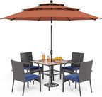 PHI VILLA 5 Piece Outdoor Dining Set with Umbrella for 4, 37" Square Metal Wood-top Table & Wicker Rattan Chairs with Cushions & 10ft Red Umbrella, Dining Furniture for Patio, Deck, Backyard, Porch
