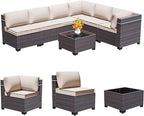 Outdoor Patio Furniture Set, 7 Pieces Outdoor Furniture All Weather Patio Sectional Sofa PE Wicker Modular Conversation Sets with Coffee Table,6 Chairs & Seat Clips Brown