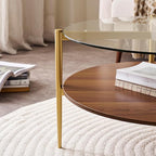 Round Coffee Table, Mid-Century Modern Design, D30“ x H17”, for Living Room, 2-Tier Structure, Clear Glass Top and Walnut MDF Shelf, Sleek Conical Metal Legs with Gold Finish