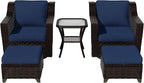 Vista Vibe 5 Pieces Outdoor Rattan Patio Conversation Furniture Set - 360 Degree Swivel Glider Rocker Chairs | Coffee Table | 2 Wicker Ottomans, Premium & Washable Cushions, Terrace (Brown/Navy)