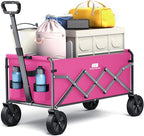 Collapsible Folding Wagon, Heavy Duty Pink Foldable Wagon Cart with Wheel, Lightweight Utility Grocery Cart with 200lbs Weight Capacity for Garden, Beach, Camping Sports, Fishing
