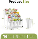 4 Layers Flower Display Stand with Buckets, 16 PCS Buckets Plant Stand with Wheels, Movable Metal Plant Stand for Terrace Garden, Living Room, Florist Shop