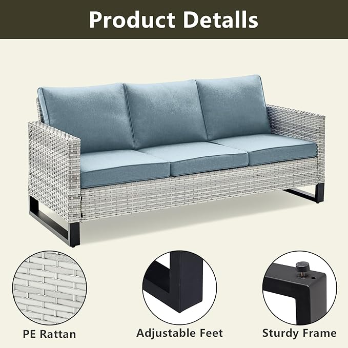 Rilyson Wicker Outdoor Patio Furniture Set - 5 Piece Patio Conversation Set with 2 Swivel Rocker Chairs,2 Rattan Ottoman and 1 Couch for Outside Porch Deck Backyard Garden(Light Grey/Sky Blue)