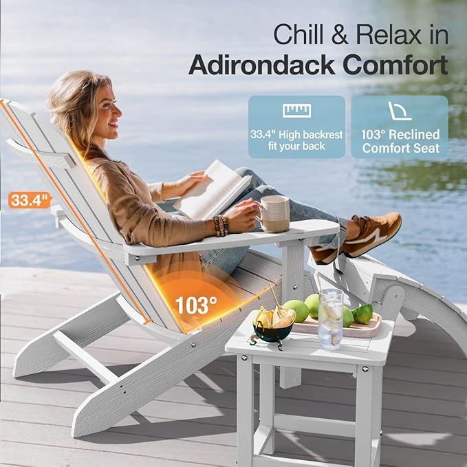 YEFU Adirondack Chair Weather Resistant: Outdoor Chair HIPS Plastic Adirondack Chairs - Patio Chairs with Wood Texture - Lawn Fire Pit Deck Porch Garden Chairs for Adults (White)