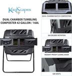 Dual Chamber Tumbling Composter 42 Gal (160L) Black Rotating Outdoor Compost Bin, Double Chamber Rotary Composter, Recycled Plastic with Steel Frame for Backyard and Vegetable Garden